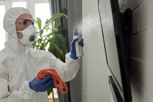 Person in PPE disinfecting a TV screen indoors during the COVID-19 pandemic.